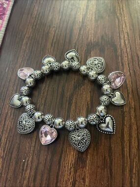 Silver Heart Charm Bracelet with Pink Crystal Hearts never worn stretch